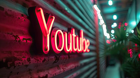 Neon signboard with the inscription Youtube are invited on the wallの素材