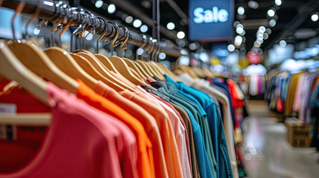 Colorful clothes on hangers in a fashion store, shallow depth of fieldの素材
