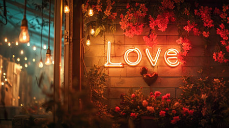 Love sign on the wall at night. Valentine's Day conceptの素材