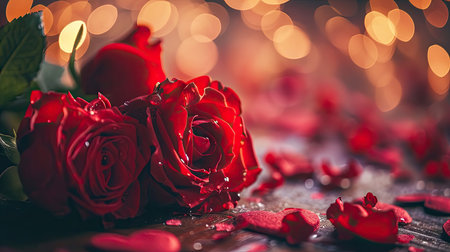 Valentines day background with red roses and bokeh lightsの素材