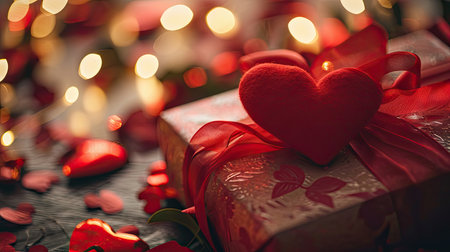 Gift box with red ribbon and heart on bokeh backgroundの素材