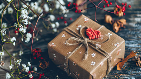 Gift box wrapped in brown craft paper and tied with twine with red ribbonの素材