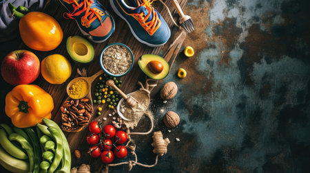 Healthy food background. Fruits, vegetables, nuts and sneakers. Top viewの素材