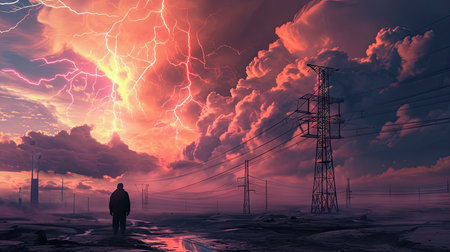 Man standing in front of electricity pylons in stormy skyの素材