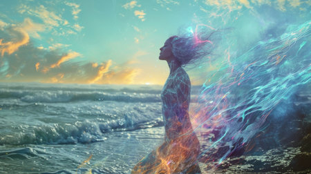 Fantasy woman with wind blowing her hair on the beach at sunsetの素材