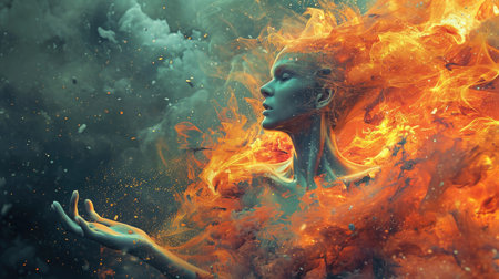 Beautiful woman in fire flamesの素材