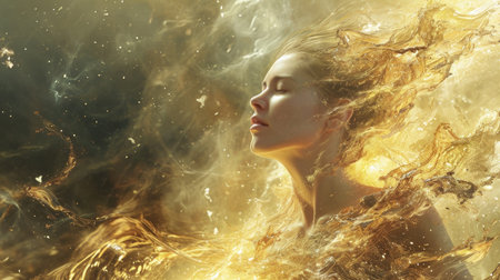 A beautiful young woman in a stream of yellow water and smokeの素材