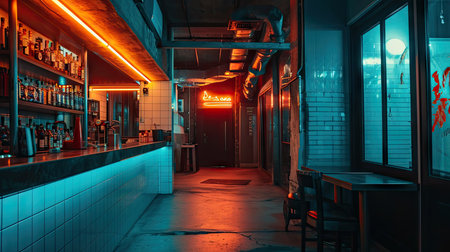 Restaurant interior with neon signs. Night view of a night clubの素材