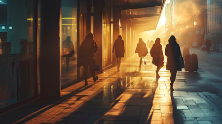 Silhouette of people walking in the city at nightの素材