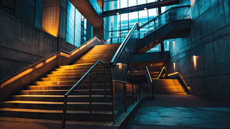 Staircase in modern office building at night, toned imageの素材