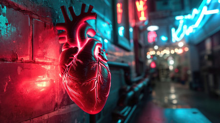 Human heart in neon light. Concept of health care and medicineの素材