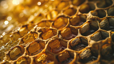 Drop of bee honey drip from hexagonal honeycombs filled with golden nectarの素材