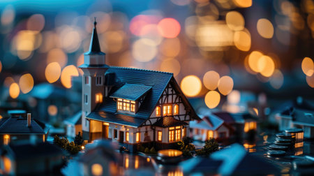 Miniature city at night with bokeh lights. Selective focusの素材