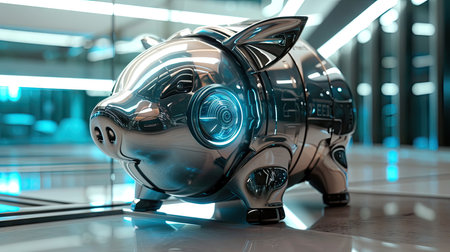 Metal piggy bank with blue lights in the backgroundの素材