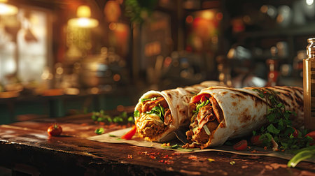 Tasty kebab with meat and vegetables on table in cafeの素材