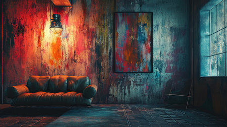 Old room with a sofa and a posterの素材