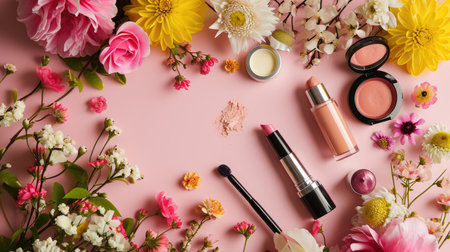 Cosmetics and flowers on a pink background. Flat lay, top viewの素材