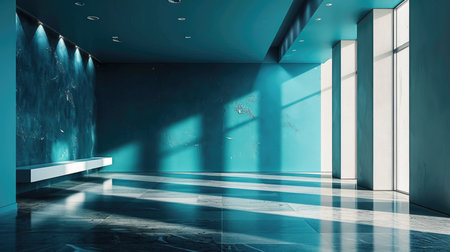 Interior of empty room with blue walls, concrete floor and sunlightの素材