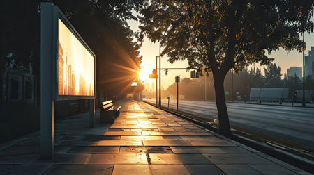City street at sunrise with reflection in the glass of the buildingの素材