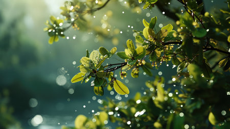 Close up of green leaves with water droplets on the branchesの素材