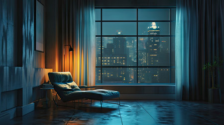 Modern living room interior with big window and night city viewの素材