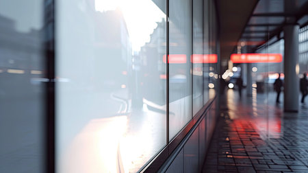 Blurred image of a modern office building with panoramic windowsの素材