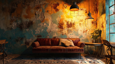 Interior of the room with brown leather sofa and vintage lampの素材