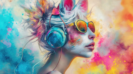 Portrait of a beautiful young woman with bright makeup and headphonesの素材