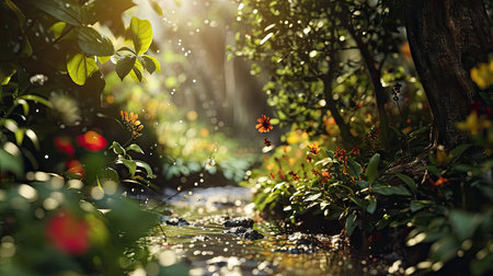 Beautiful tropical garden in the morning with sunlight and bokehの素材
