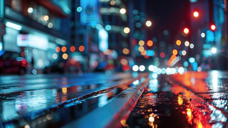 Rain drops on a wet city street at night. Shallow depth of fieldの素材