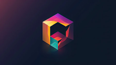 Isometric cube with neon light on dark backgroundの素材