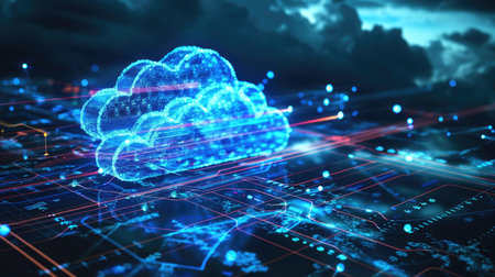 Concept of cloud computing technology as blue glowing cloudsの素材