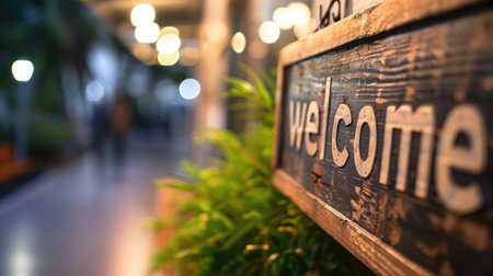 Wooden welcome sign in the lobby of a hotel with blurred backgroundの素材