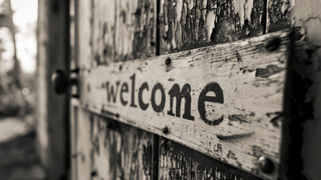 Wooden sign with the word welcome on it. Black and whiteの素材
