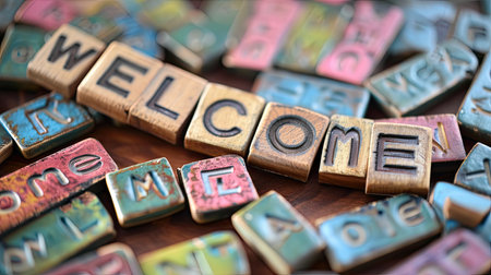 Welcome word made from vintage letterpress type blocks on a wooden tableの素材
