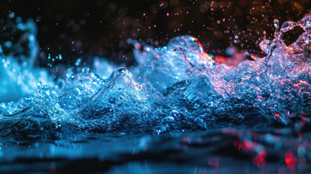Water splash on a black background with bokeh defocused lightsの素材