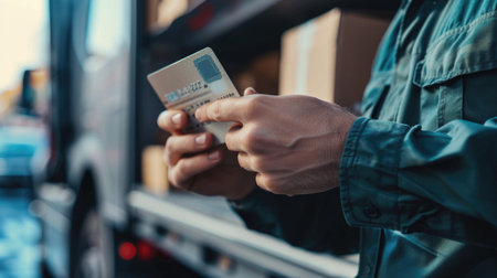 Partial view of delivery man holding credit card near truck on blurred backgroundの素材