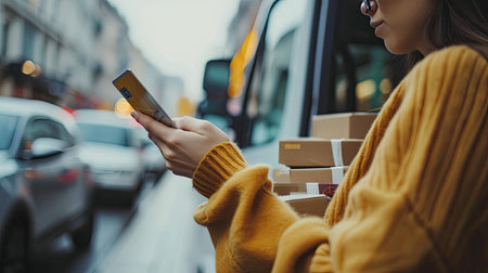 Close-up of a young woman in a yellow sweater holding a credit card in her hand and using a mobile phone while standing on the streetの素材