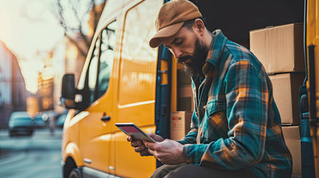 Side view of delivery man using digital tablet while sitting near yellow vanの素材