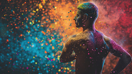 Artistic portrait of a man covered with colored powderの素材
