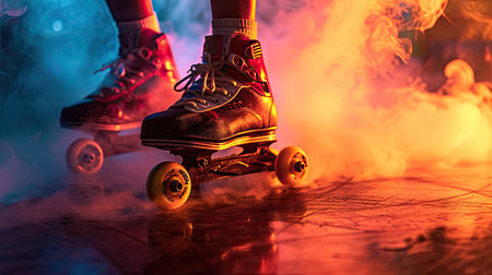 Close up of female legs in roller skates on colorful background with smokeの素材