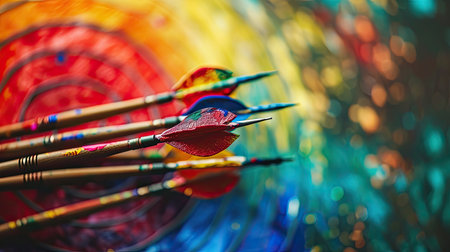 Archery arrows on abstract colorful background. Close up. Selective focusの素材