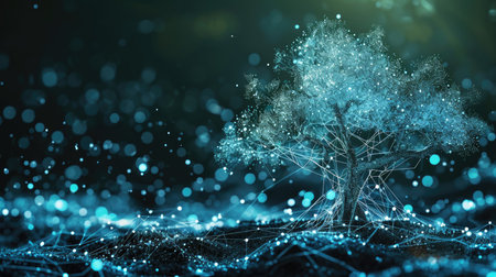 Abstract digital tree on dark background with lines and dotsの素材