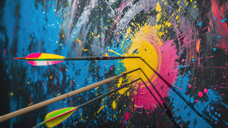 Archery target with colorful paint splashes on the wall, extreme sportの素材