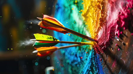 Colorful arrows and paint splashes on the background of the wallの素材
