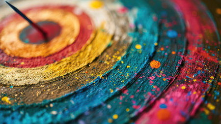 Colorful paint splashes on a wooden background close-upの素材