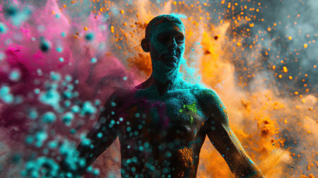 Man with paint splashes on his body. Colorful backgroundの素材
