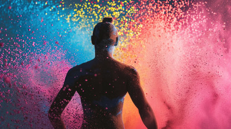 Portrait of a beautiful young man covered with colored powder in the studioの素材