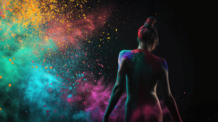Young woman with colorful paint splashes on her body against black backgroundの素材