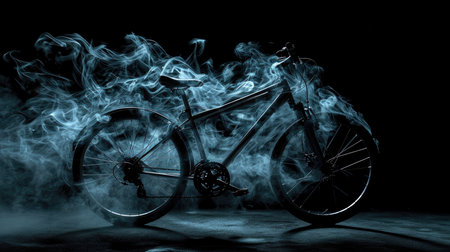 Bicycle in the smoke on a dark background with copyspaceの素材